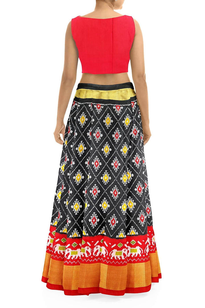 Handwoven Ikat pure silk unstitched lehenga material in black  in diamond pattern