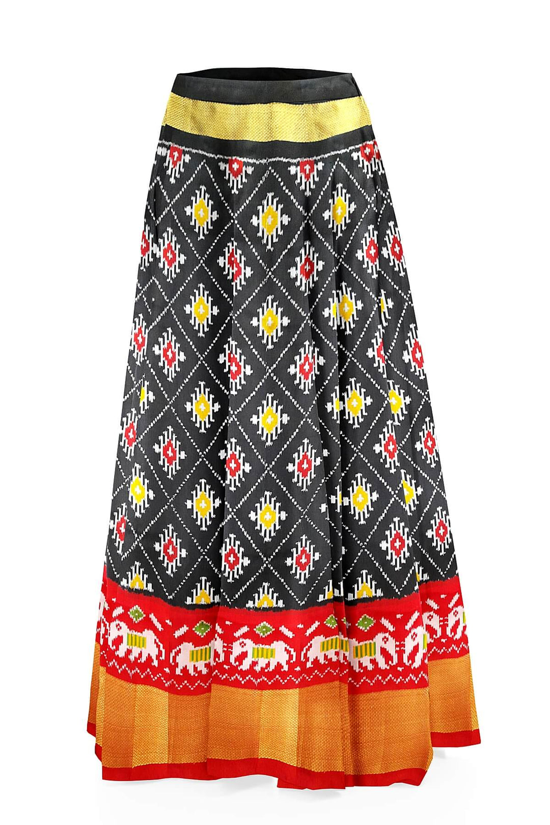 Handwoven Ikat pure silk unstitched lehenga material in black  in diamond pattern