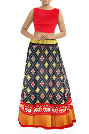 Handwoven Ikat pure silk unstitched lehenga material in black  in diamond pattern