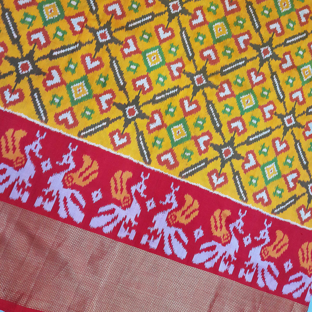 Handwoven Ikat pure silk unstitched lehenga material in mustard  in pan bhat pattern