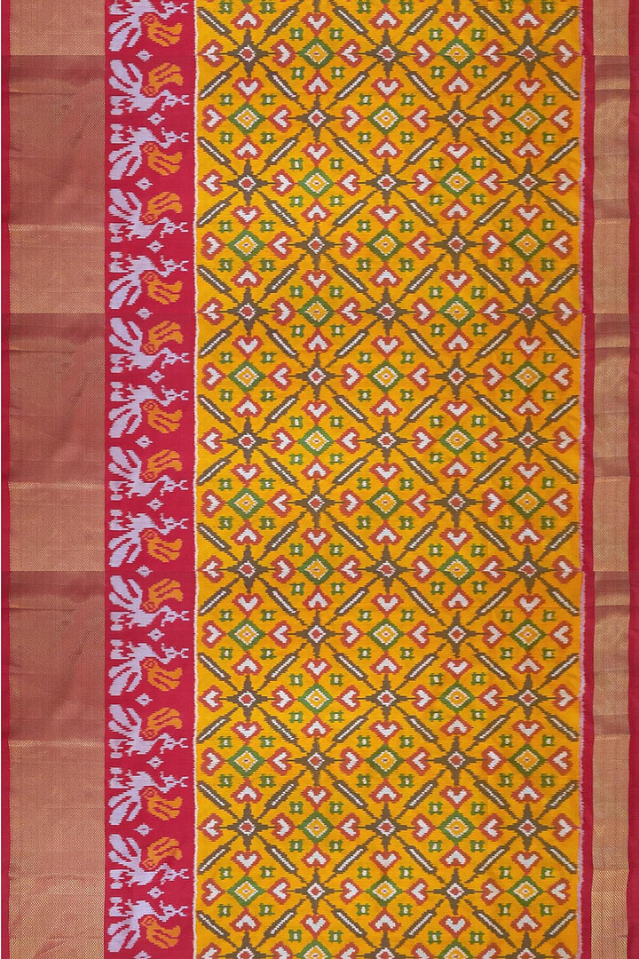 Handwoven Ikat pure silk unstitched lehenga material in mustard  in pan bhat pattern