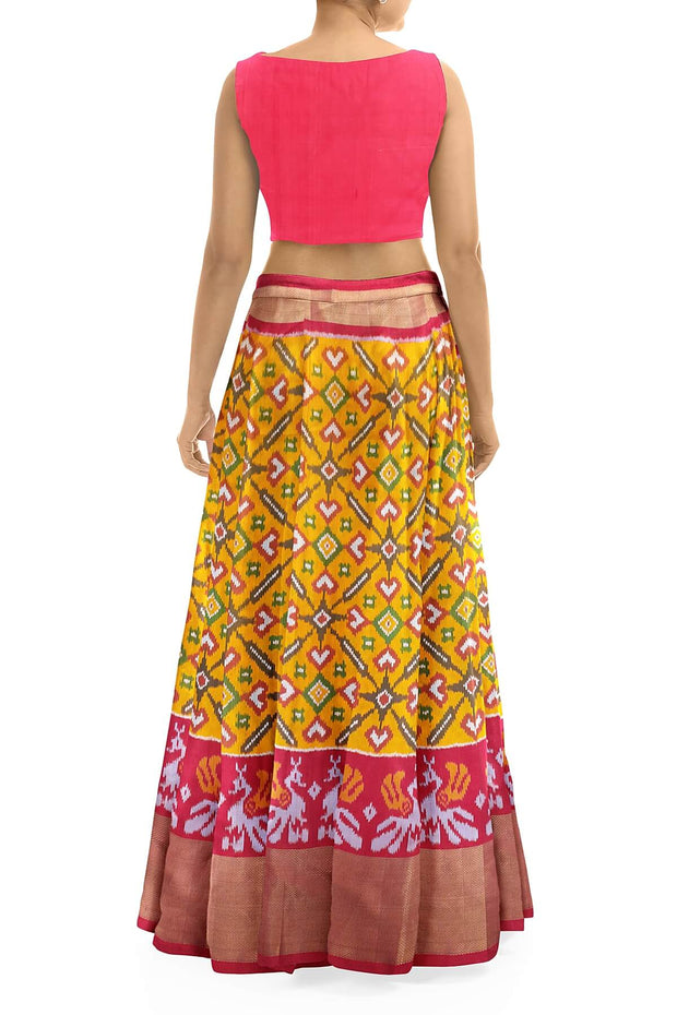 Handwoven Ikat pure silk unstitched lehenga material in mustard  in pan bhat pattern