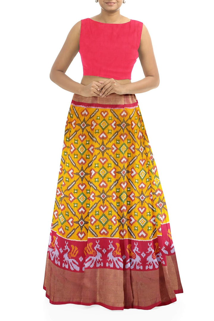 Handwoven Ikat pure silk unstitched lehenga material in mustard  in pan bhat pattern