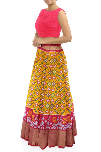 Handwoven Ikat pure silk unstitched lehenga material in mustard  in pan bhat pattern
