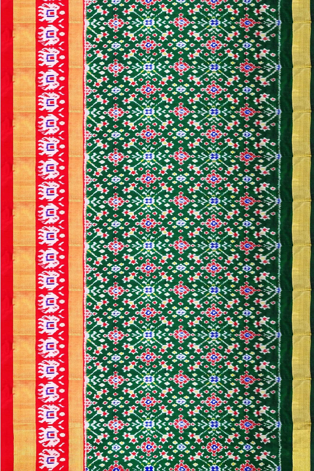 Handwoven Ikat pure silk unstitched lehenga material in bottle green  in navratan pattern