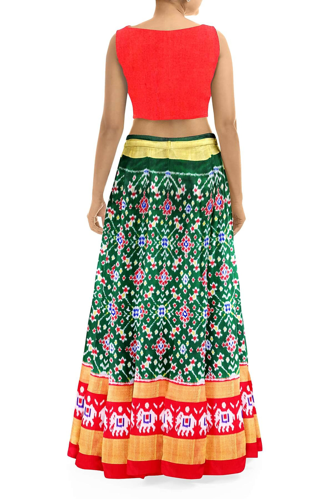 Handwoven Ikat pure silk unstitched lehenga material in bottle green  in navratan pattern