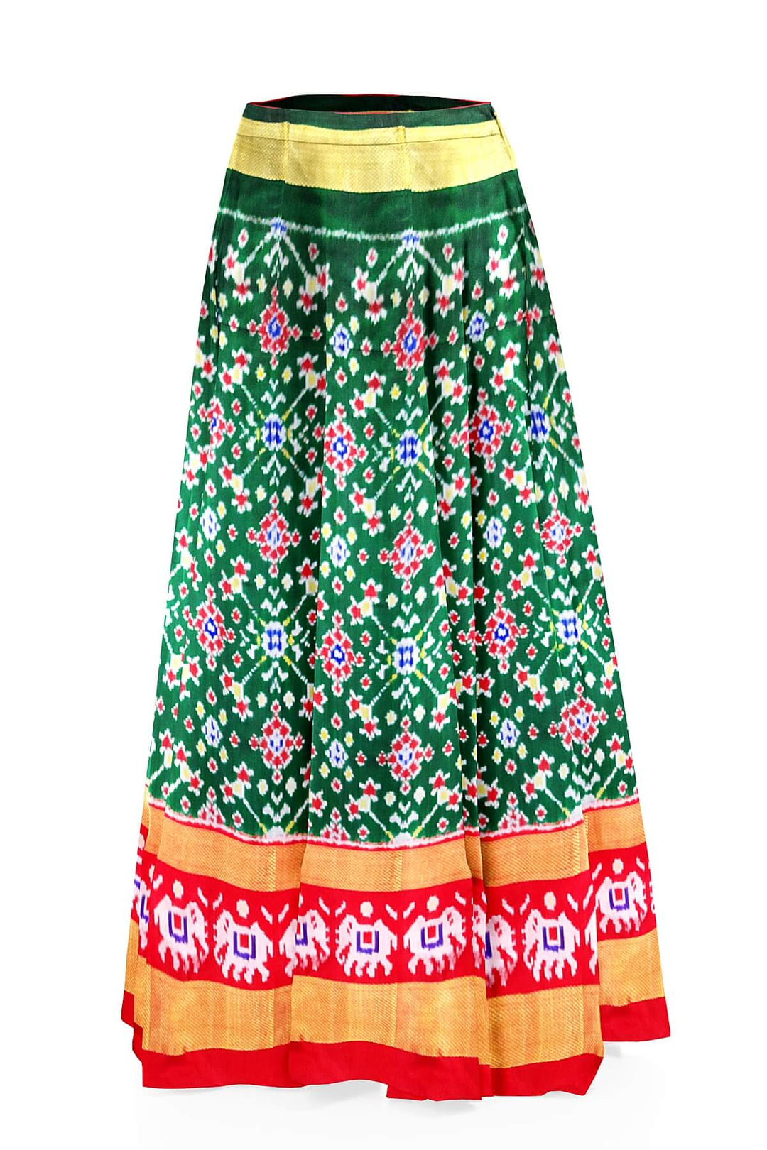 Handwoven Ikat pure silk unstitched lehenga material in bottle green  in navratan pattern