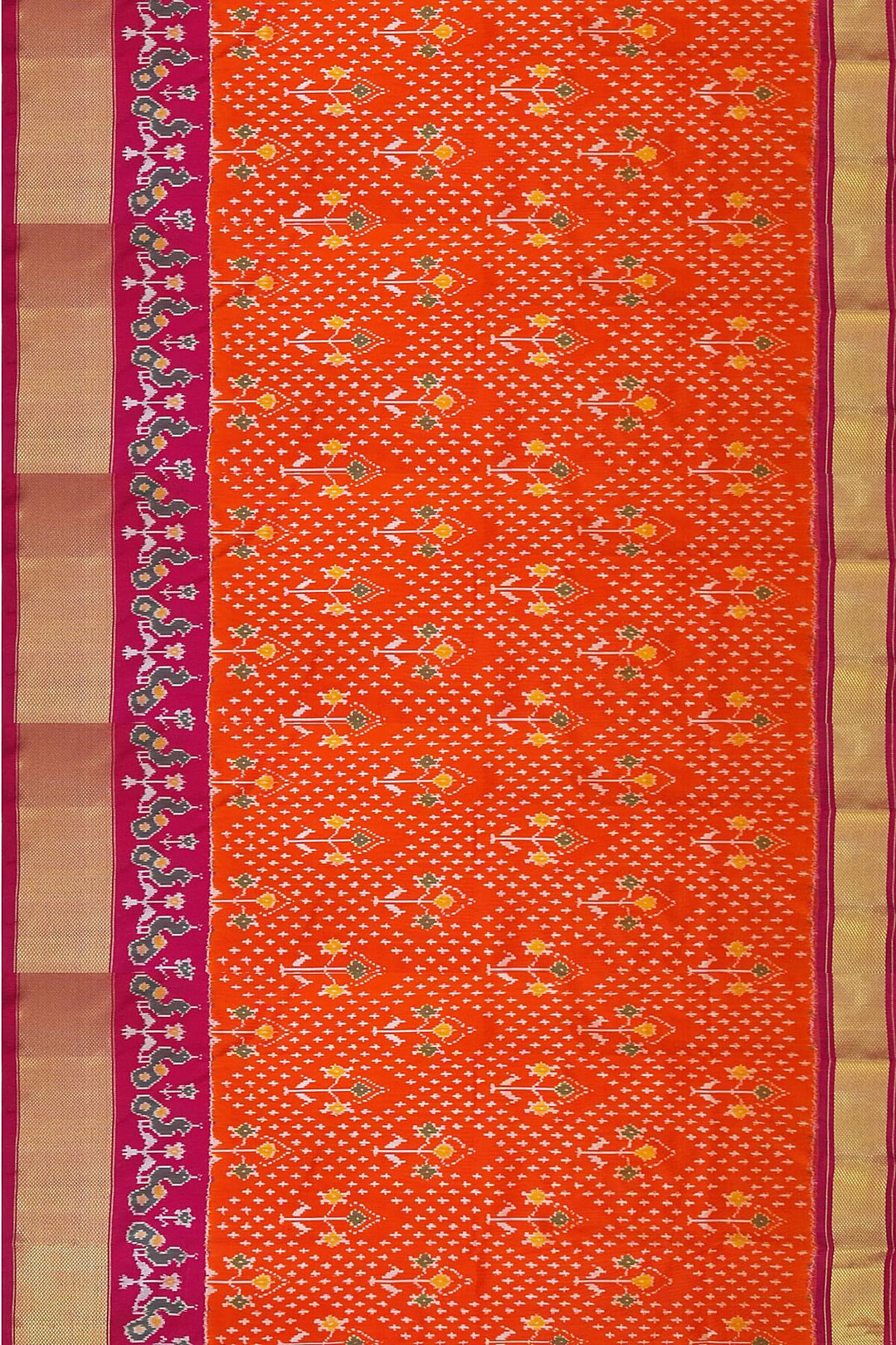 Handwoven Ikat pure silk unstitched lehenga material in orange  with plant motifs.