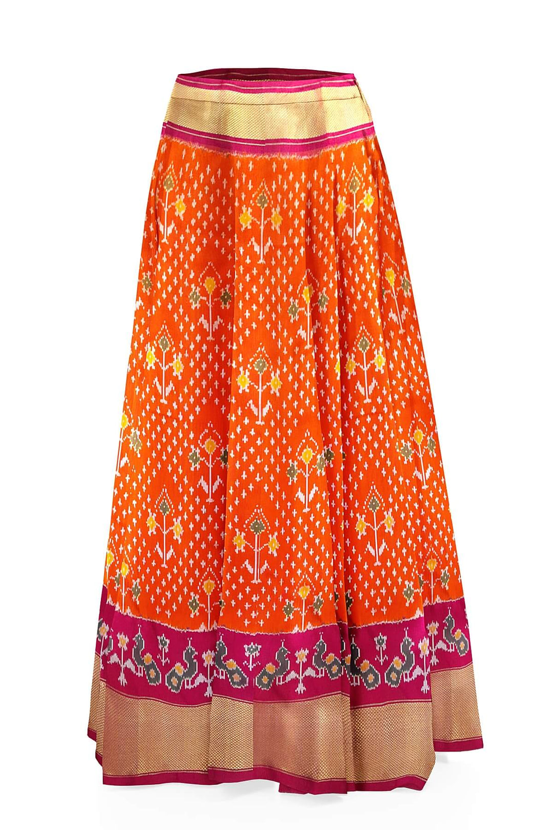 Handwoven Ikat pure silk unstitched lehenga material in orange  with plant motifs.