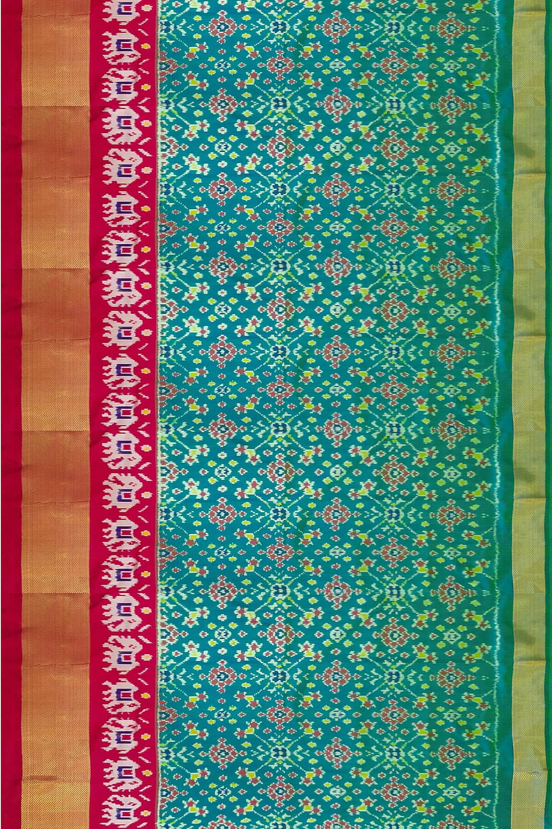 Handwoven Ikat pure silk unstitched lehenga material in teal green & pink in navratan pattern