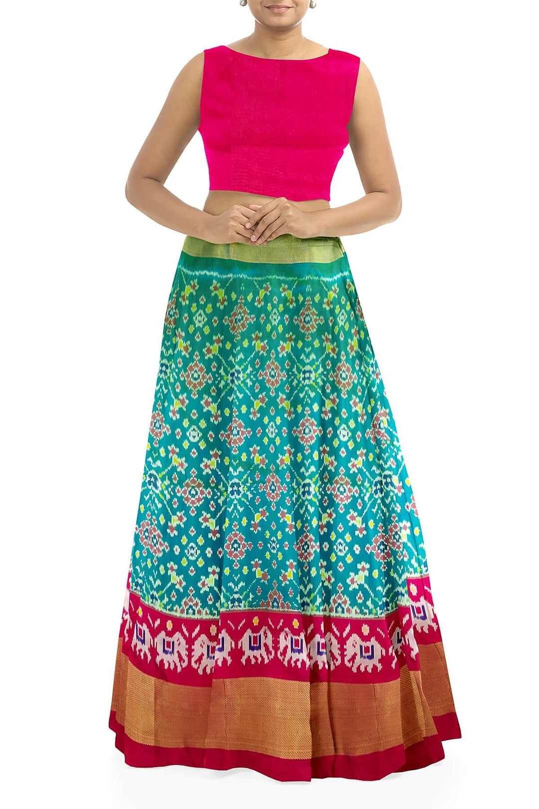 Handwoven Ikat pure silk unstitched lehenga material in teal green & pink in navratan pattern