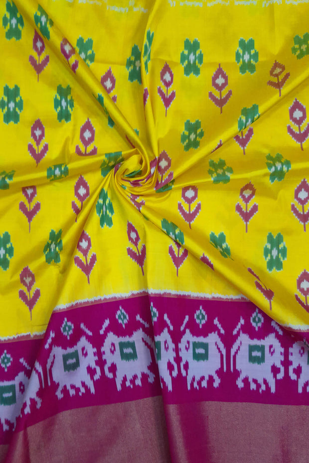 Handwoven Ikat pure silk unstitched lehenga material in yellow &  pink