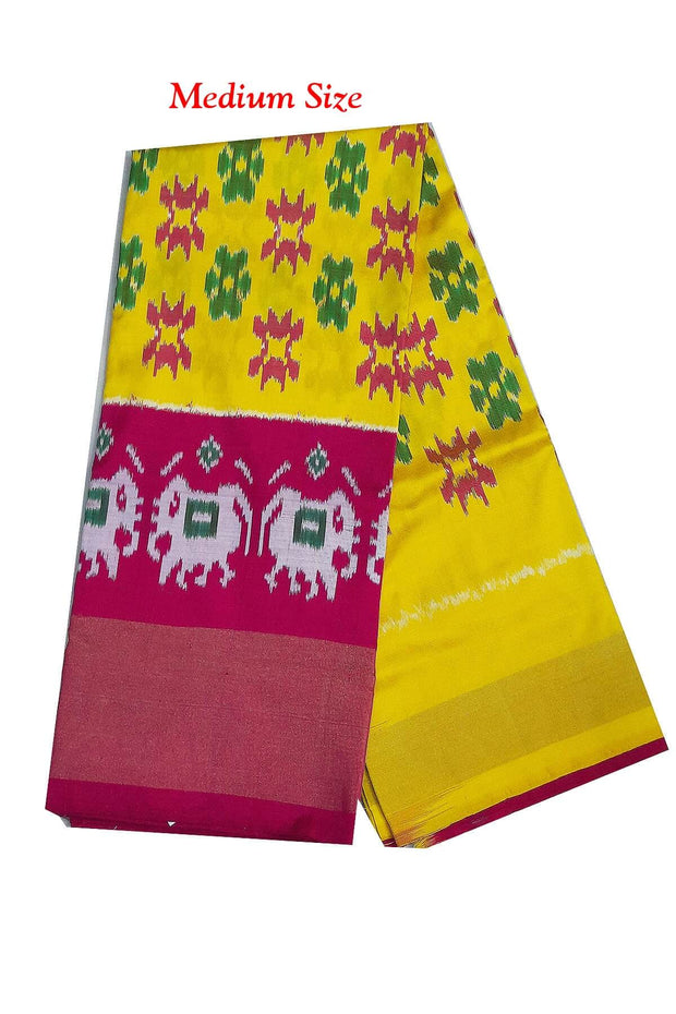 Handwoven Ikat pure silk unstitched lehenga material in yellow & pink