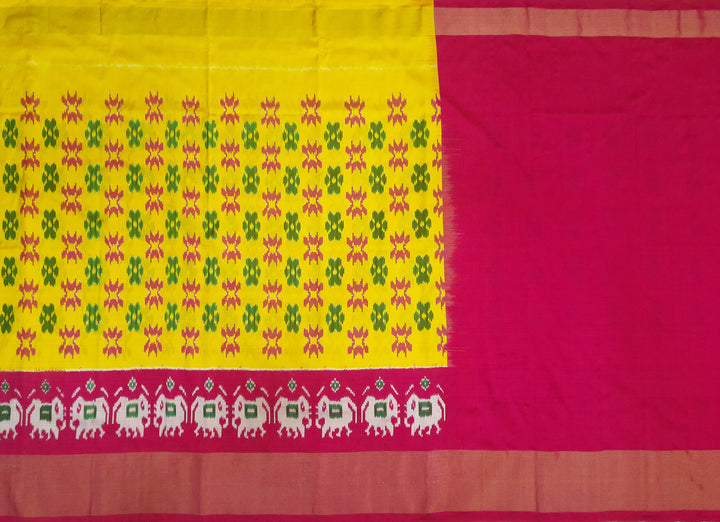 Handwoven Ikat pure silk unstitched lehenga material in yellow & pink