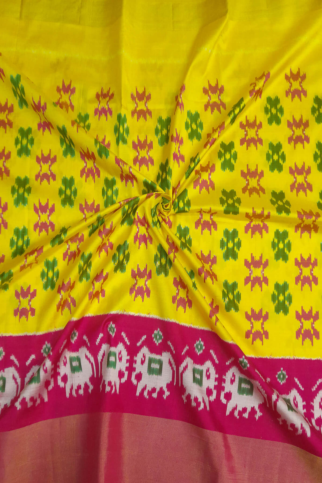 Handwoven Ikat pure silk unstitched lehenga material in yellow & pink