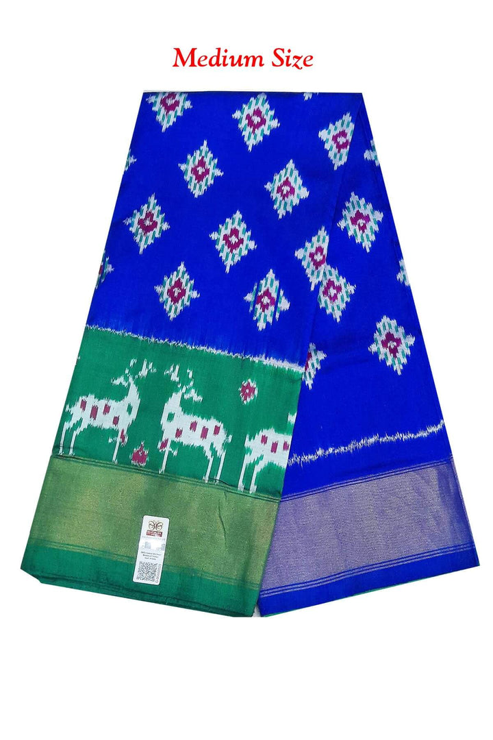 Handwoven Ikat pure silk unstitched lehenga material in  blue & green