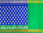 Handwoven Ikat pure silk unstitched lehenga material in  blue & green