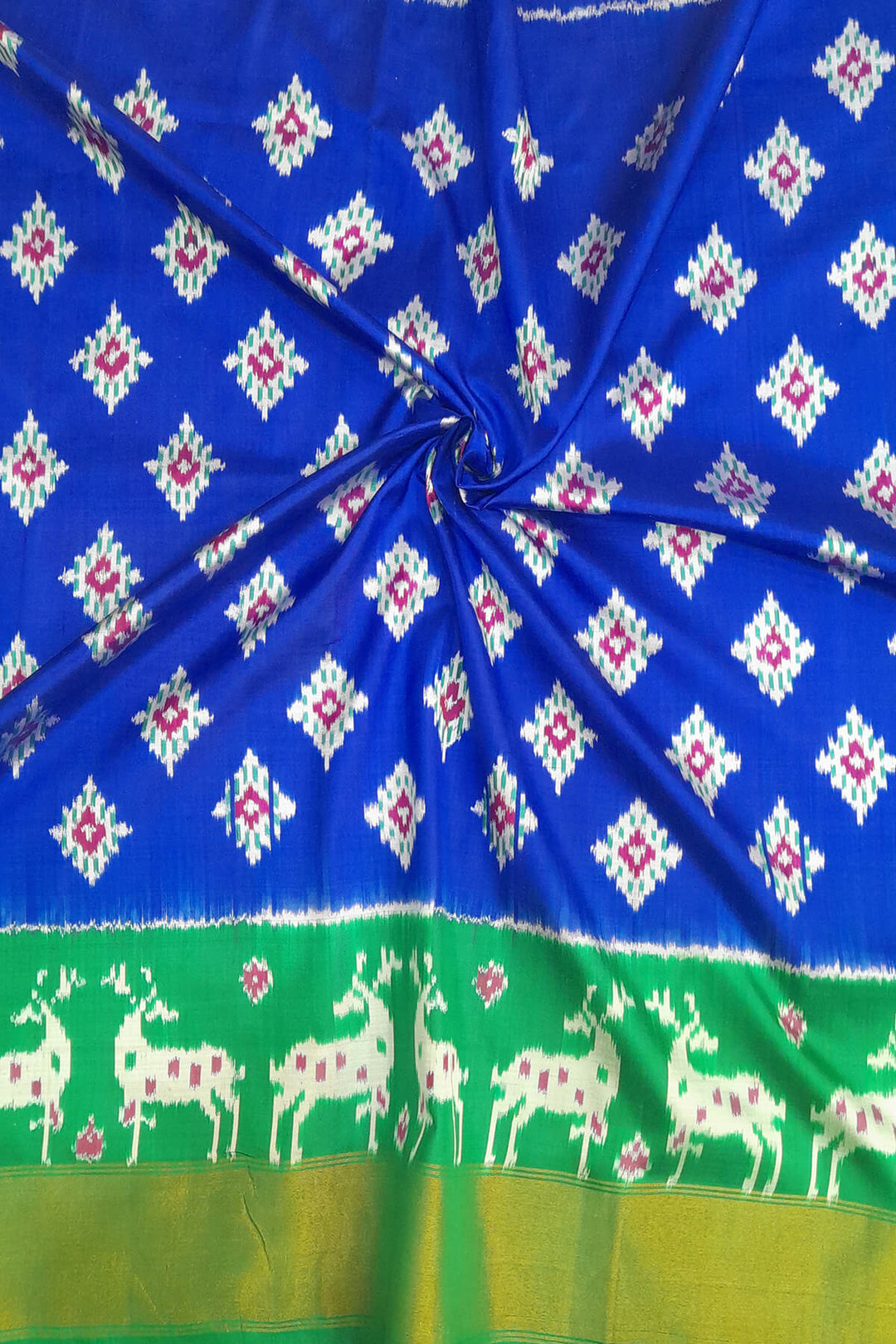 Handwoven Ikat pure silk unstitched lehenga material in  blue & green