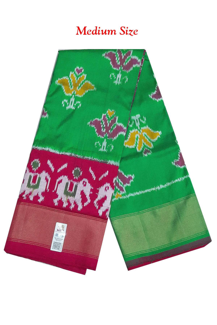 Handwoven Ikat pure silk unstitched lehenga material in leaf green & pink