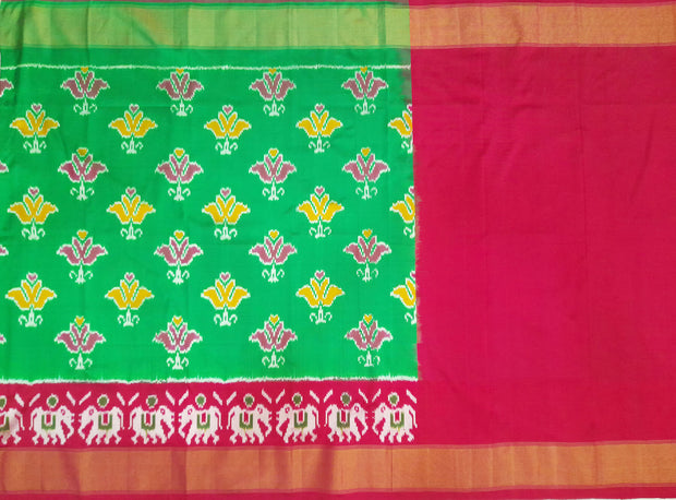 Handwoven Ikat pure silk unstitched lehenga material in leaf green & pink