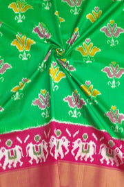 Handwoven Ikat pure silk unstitched lehenga material in leaf green & pink