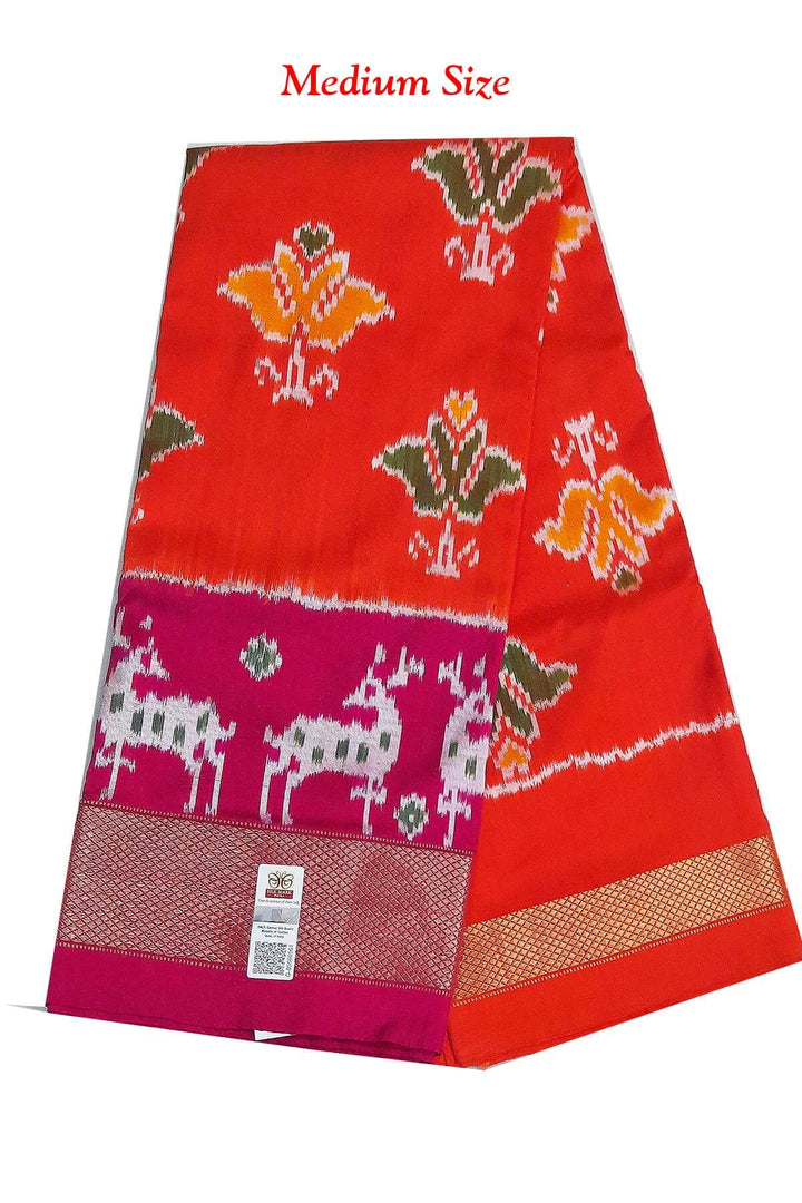 Handwoven Ikat pure silk unstitched lehenga material in orange & pink