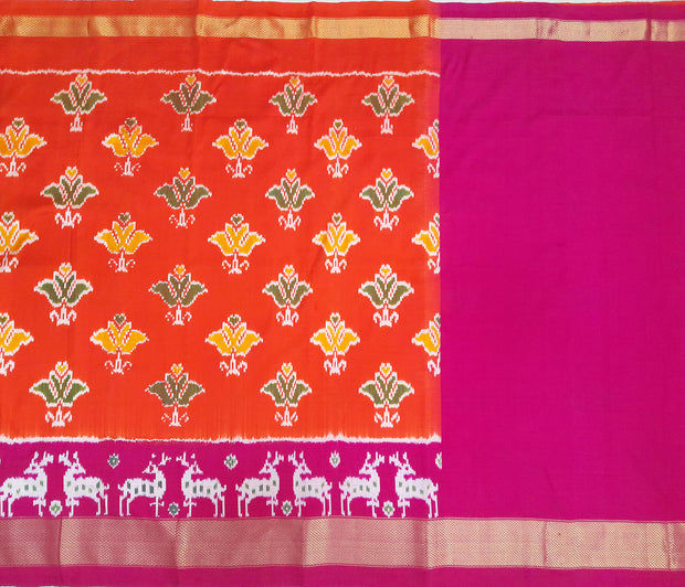 Handwoven Ikat pure silk unstitched lehenga material in orange & pink
