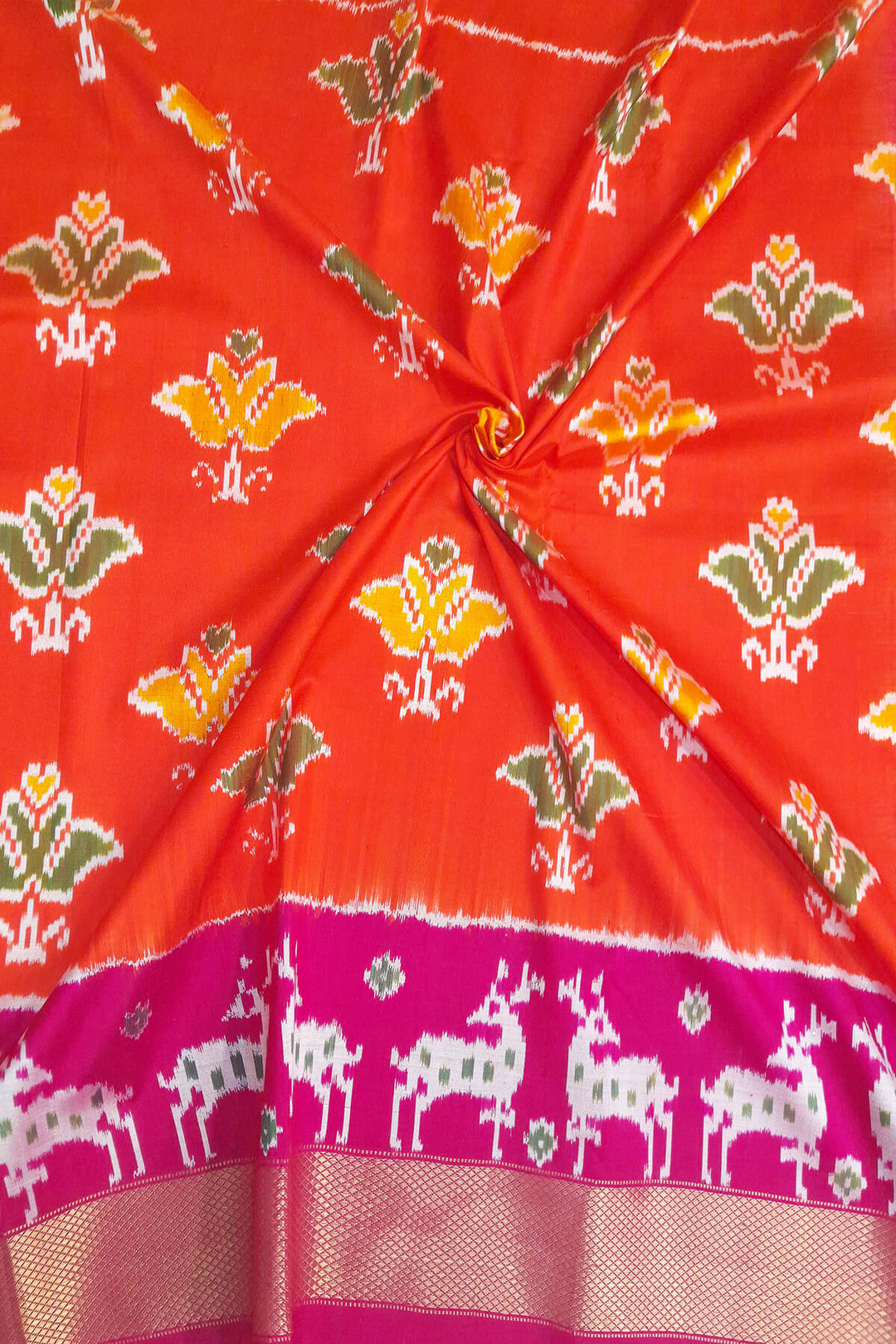 Handwoven Ikat pure silk unstitched lehenga material in orange & pink