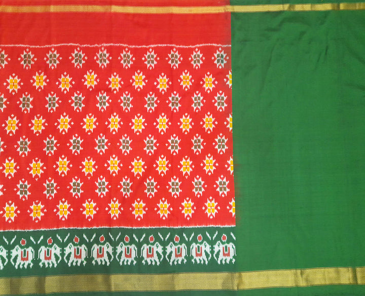 Handwoven Ikat pure silk unstitched lehenga material in red & green