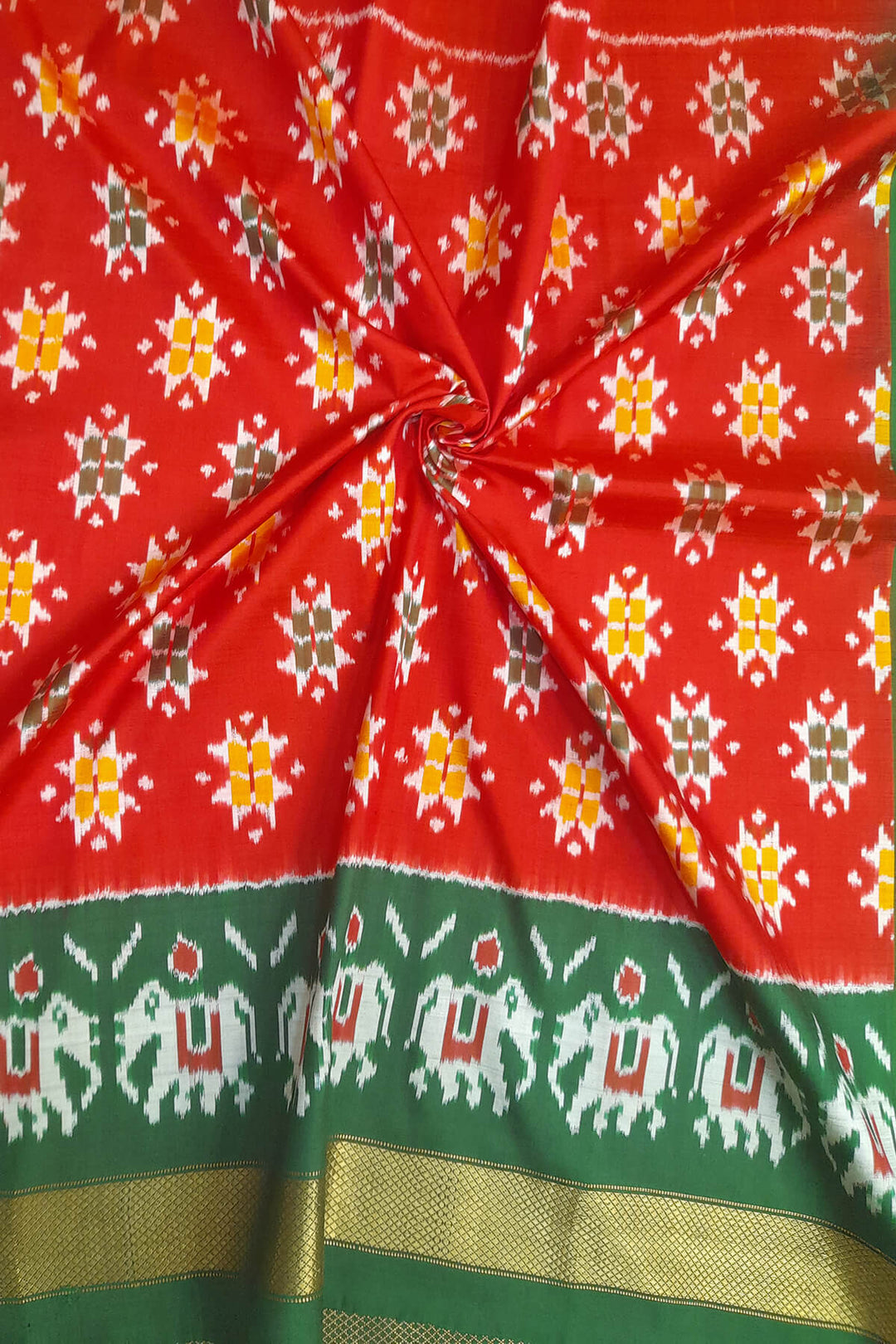 Handwoven Ikat pure silk unstitched lehenga material in red & green