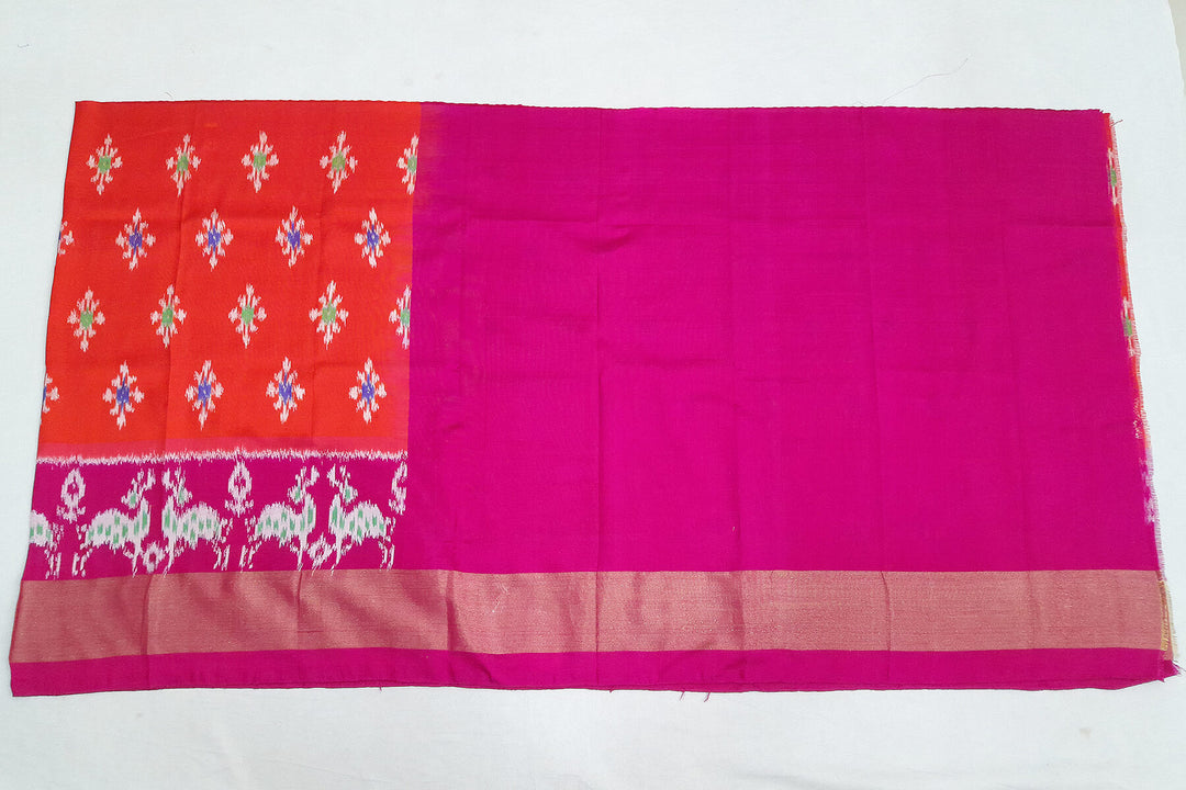 Handwoven Ikat pure silk unstitched lehenga material in orange