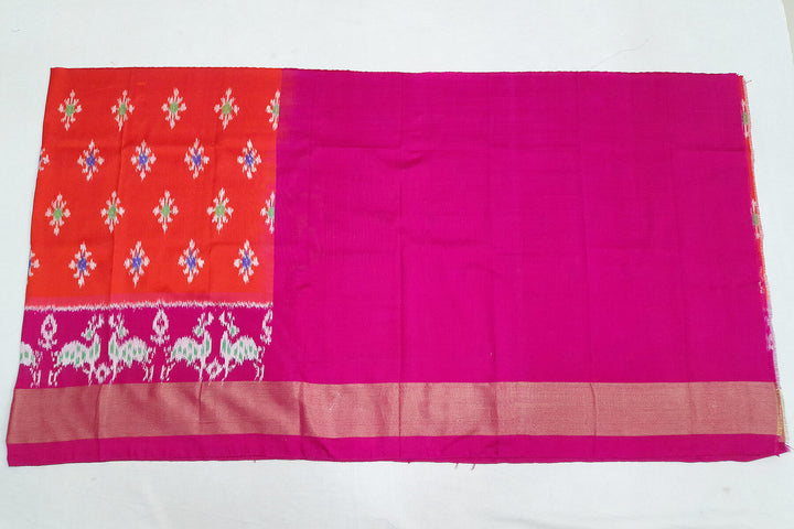 Handwoven Ikat pure silk unstitched lehenga material in orange