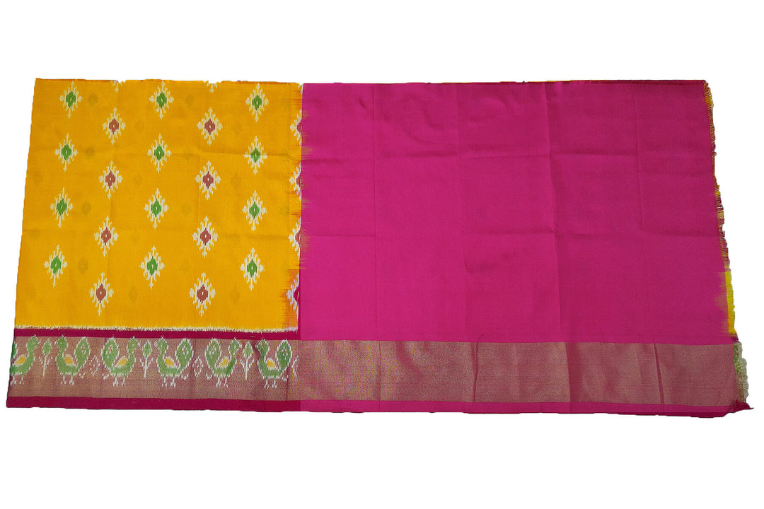Handwoven Ikat pure silk unstitched lehenga material in yellow