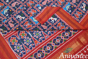 Double ikat pure silk saree in  blue in fish & swan pattern