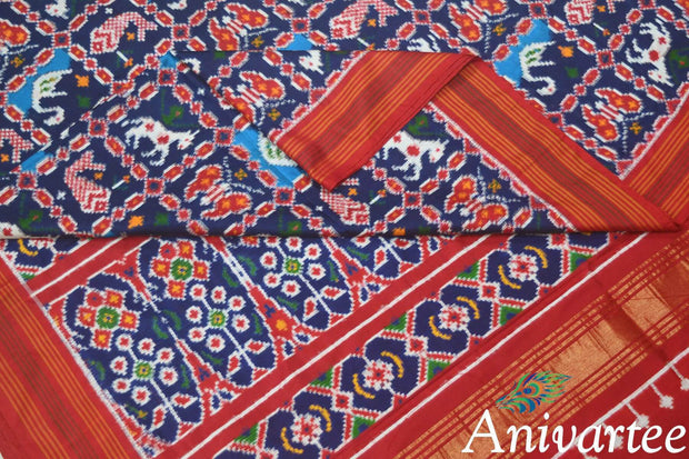 Double ikat pure silk saree in  blue in fish & swan pattern
