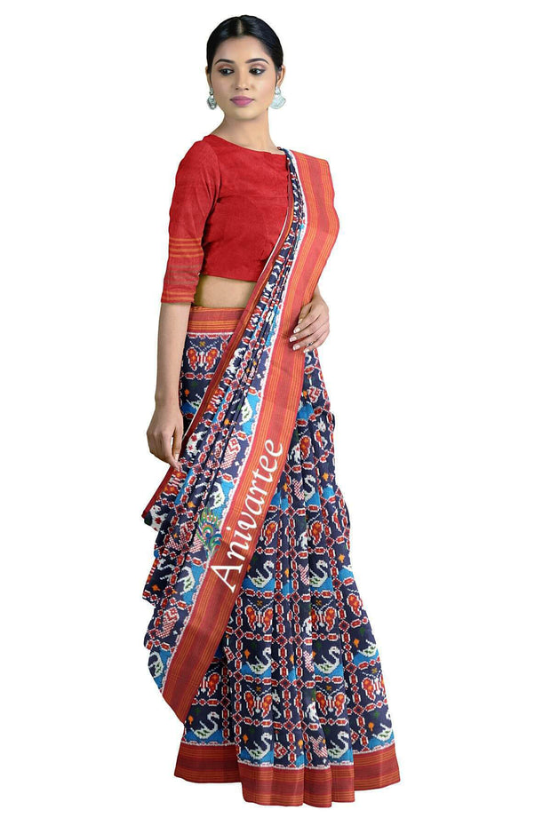Double ikat pure silk saree in  blue in fish & swan pattern