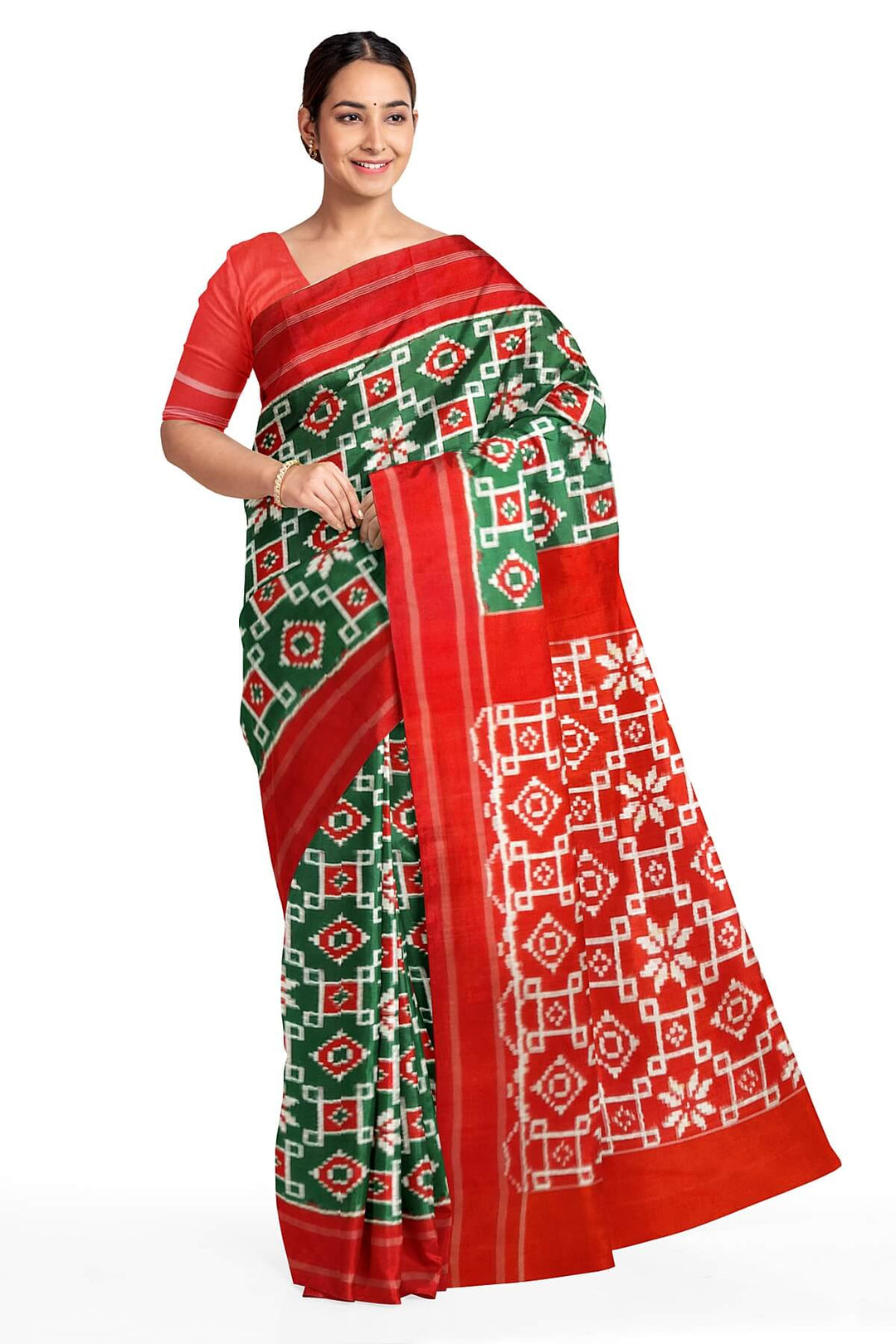 Double Ikat telia pure silk saree in green with floral motifs on the body
