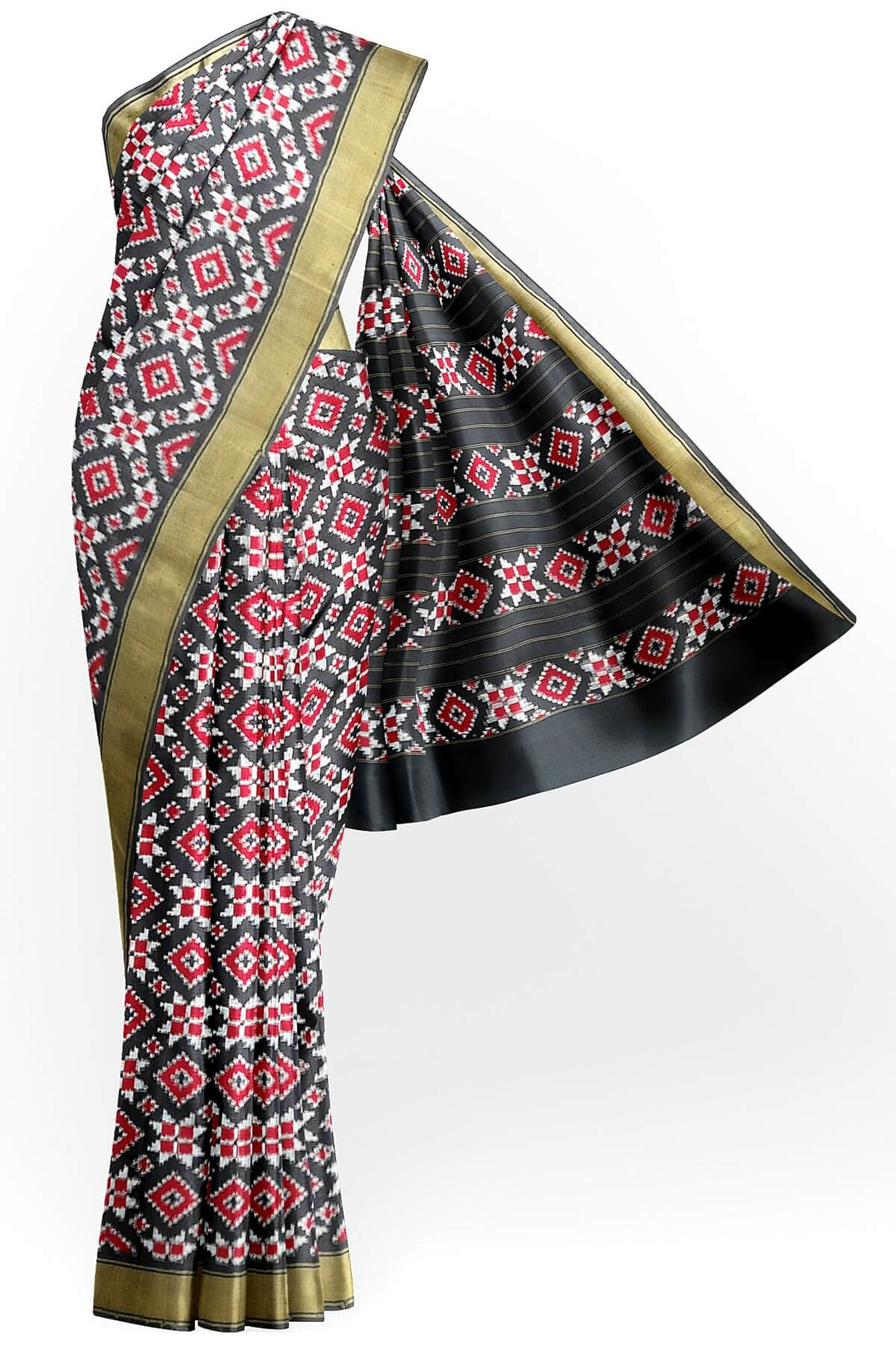 Double ikat telia pure silk saree in black, red & white in geometric pattern