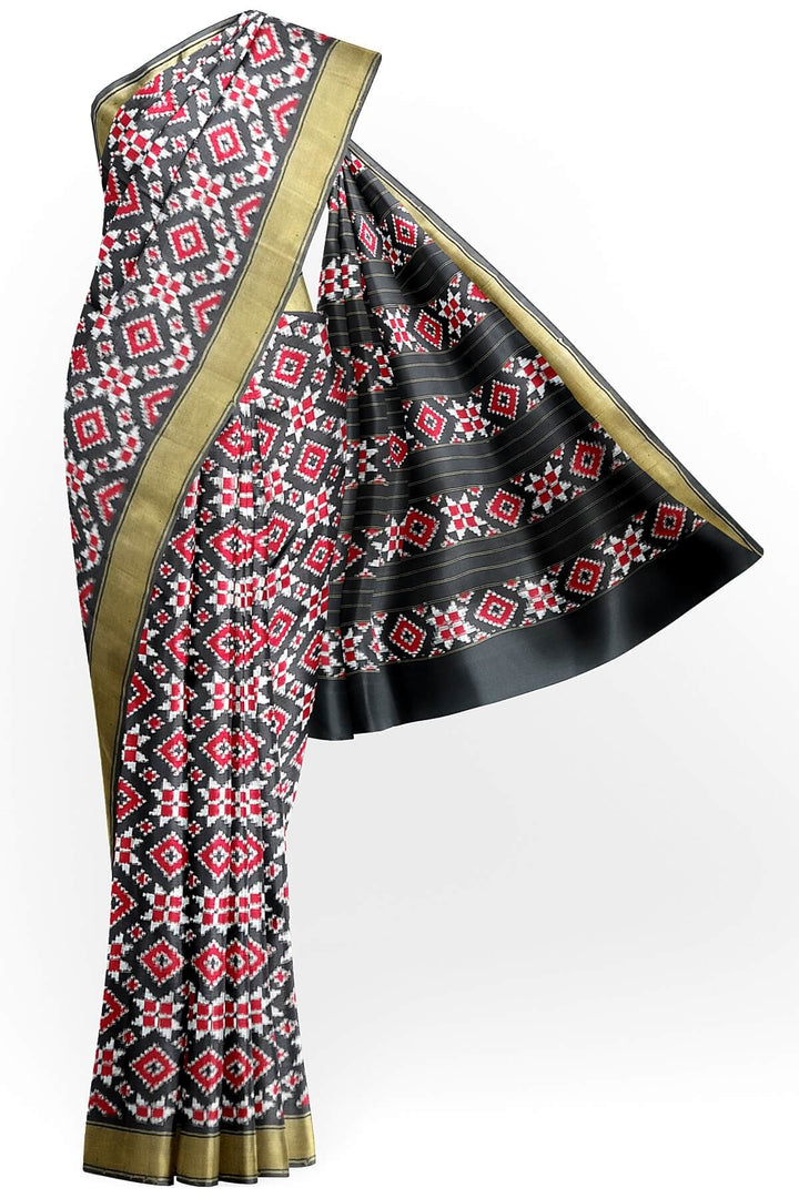 Double ikat telia pure silk saree in black, red & white in geometric pattern