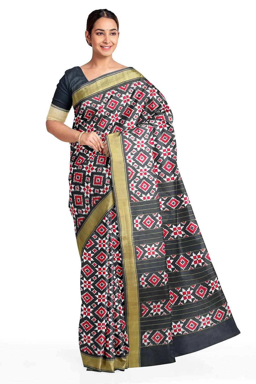 Double ikat telia pure silk saree in black, red & white in geometric pattern