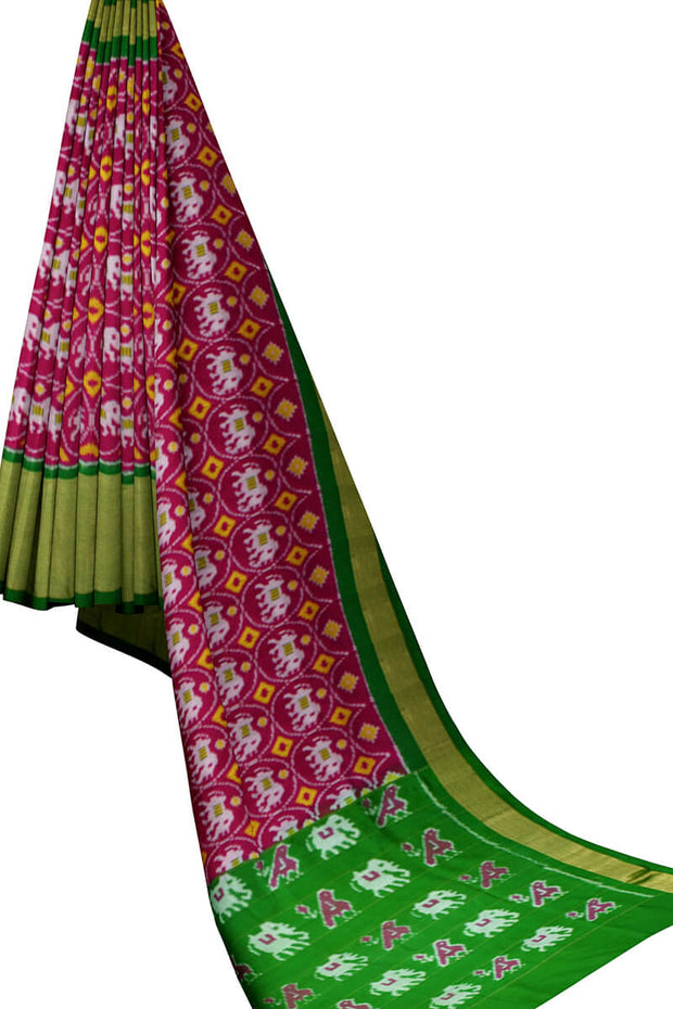 Handwoven Ikat pure silk saree in pink with elephant motifs and a big zari border