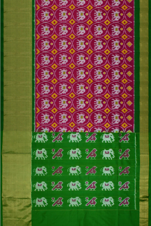 Handwoven Ikat pure silk saree in pink with elephant motifs and a big zari border