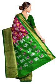 Handwoven Ikat pure silk saree in pink with elephant motifs and a big zari border