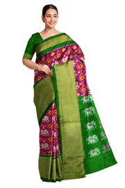 Handwoven Ikat pure silk saree in pink with elephant motifs and a big zari border