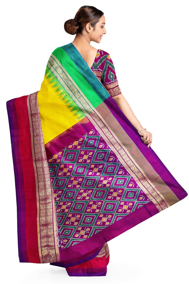Handwoven Ikat pure silk saree in yellow with Ganga Jamuna  kanchi   border