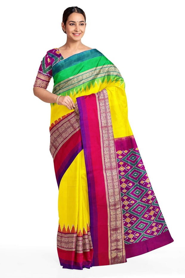 Handwoven Ikat pure silk saree in yellow with Ganga Jamuna  kanchi   border