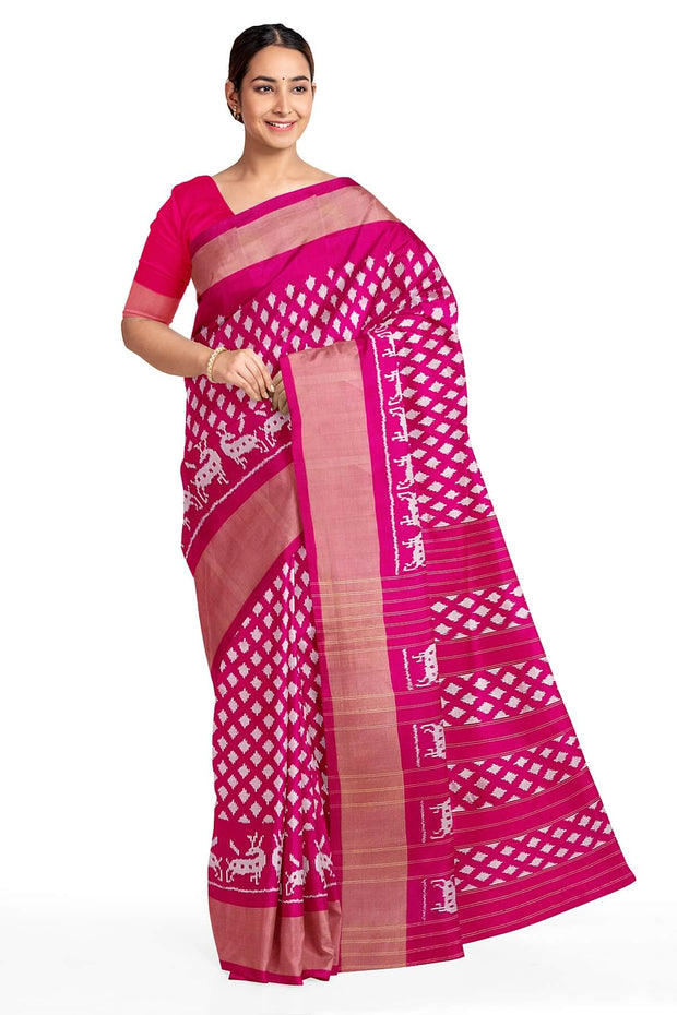 Ikat pure silk saree in pink  with  geometric pattern