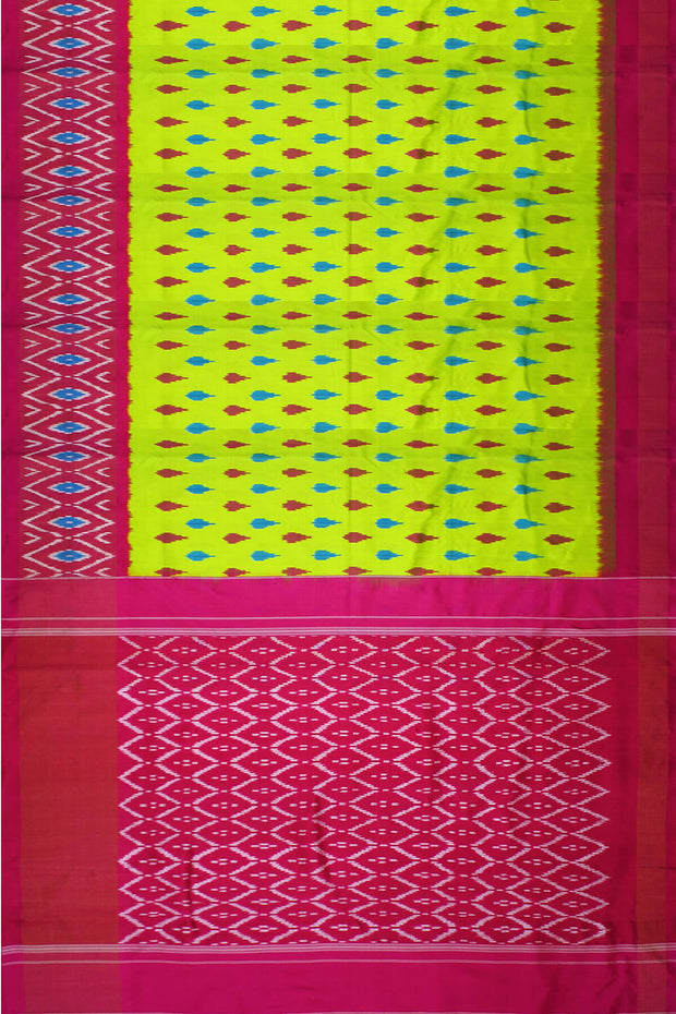 Handwoven Ikat pure silk saree in lemon grass green & pink with skirt border