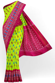 Handwoven Ikat pure silk saree in lemon grass green & pink with skirt border