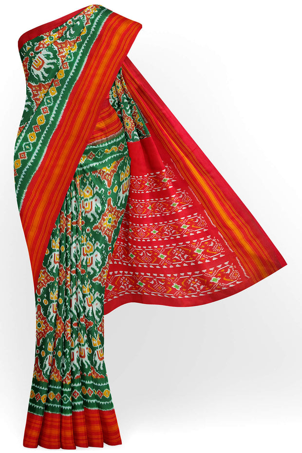 Ikat pure silk saree  in bottle green in chhabadi kunj (elephant in circle ) pattern and a striped silk border